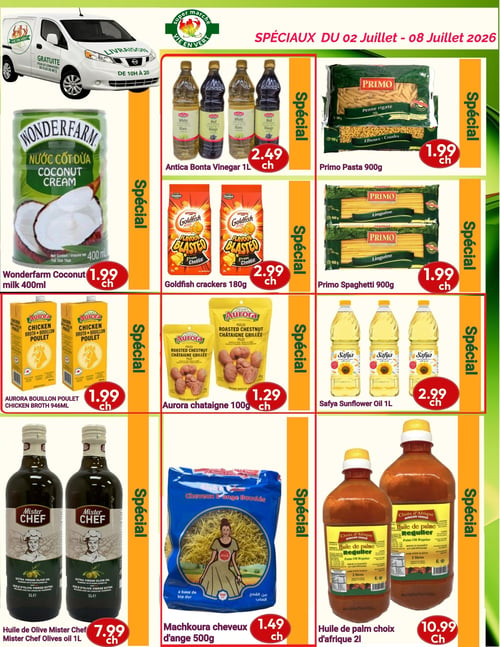 Marché Vie en Vert - Page 11. La page débute avec une annonce de livraison gratuite pour les commandes de plus de 40 $, disponible de 10h à 20h. Les spéciaux de la semaine, valides du 2 au 8 juillet 2026, incluent: la crème de noix de coco Wonderfarm de 400 ml à 1,99 $ chacun; le vinaigre Antica Bonta de 1 litre (blanc ou rouge) à 2,49 $ chacun; les pâtes Primo de 900 g (penne rigate ou coudes) à 1,99 $ chacun; les craquelins Goldfish de 180 g à 2,99 $ chacun; les spaghettis Primo de 900 g à 1,99 $ chacun; le bouillon de poulet Aurora de 946 ml à 1,99 $ chacun; les châtaignes grillées Aurora de 100 g à 1,29 $ chacun; l'huile de tournesol Safya de 1 litre à 2,99 $ chacun; l'huile d'olive Mister Chef de 1 litre à 7,99 $ chacun; les cheveux d'ange Machkoura de 500 g à 1,49 $ chacun; et l'huile de palme Choix d'Afrique de 2 litres à 10,99 $ chacun.
