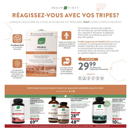 Circulaire Naterro - Page 3. La page est dédiée à la santé digestive et aux suppléments de la marque Health First. Le titre principal est "Réagissez-vous avec vos tripes?". La section supérieure met en vedette le ProBio Supreme de Health First, un probiotique de 55 milliards d'UFC et 14 souches éprouvées, cultivées au Québec. Il contient 30 capsules à libération prolongée et est en solde à 29,99 $. Ce produit est exempt de gluten, produits laitiers, maïs, soya, sucre et stéarate de magnésium. La section inférieure, intitulée "Disponible exclusivement dans les magasins membres Health First", présente trois autres produits. On y trouve la Curcumine Supreme Extra Forte de Health First, en format de 120 capsules végétales, à 69,99 $. Ce produit est végétalien, sans OGM et sans gluten, et aide à réduire la douleur articulaire et l'inflammation. Ensuite, le Cal Mag Supreme de Health First est offert en deux formats : 450 ml à 28,99 $ et 120 comprimés à 48,99 $. Il contient de l'Aquamin, de la vitamine D3 et des oligo-éléments pour la santé osseuse, et est sans OGM ni gluten. Enfin, l'Omega First de Health First, en format de 60, 120 ou 240 gélules, est proposé avec un rabais de 10 %. Ce supplément, à formule améliorée, favorise l'équilibre de l'humeur, la santé cardiovasculaire et cognitive, et est sans OGM ni gluten.