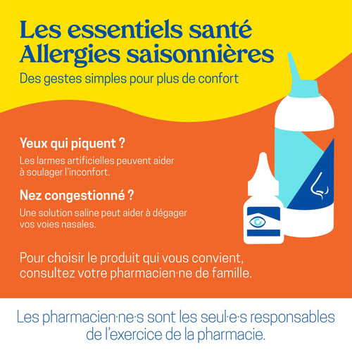 Circulaire Uniprix - Page 8. La page est dédiée aux essentiels santé pour les allergies saisonnières, offrant des gestes simples pour plus de confort. Elle aborde les yeux qui piquent, suggérant les larmes artificielles, et le nez congestionné, recommandant une solution saline. Deux illustrations génériques de flacons (un compte-gouttes pour les yeux et un vaporisateur nasal) accompagnent ces conseils. La page invite à consulter un pharmacien ou une pharmacienne de famille pour choisir le produit adapté. Un avis en bas de page rappelle que les pharmacien·ne·s sont les seul·e·s responsables de l'exercice de la pharmacie.