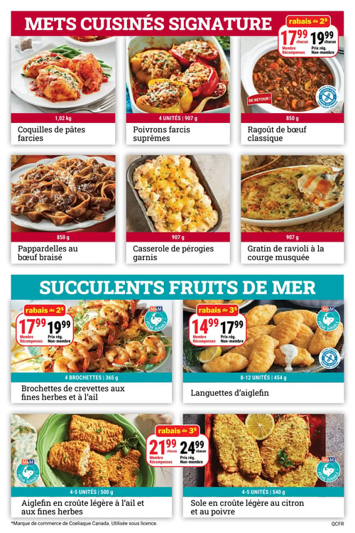 Les Aliments M&M - Page 3. La page est divisée en deux sections principales : "Mets Cuisinés Signature" en haut et "Succulents Fruits de Mer" en bas. La section des mets cuisinés présente : les coquilles de pâtes farcies de 1,02 kg; les poivrons farcis suprêmes (4 unités, 907 g); le ragoût de bœuf classique de 850 g, "De retour!", à 17,99 $ pour les membres Récompenses et 19,99 $ prix régulier (sans gluten); les pappardelles au bœuf braisé de 850 g; la casserole de pérogies garnis de 907 g; et le gratin de ravioli à la courge musquée de 907 g. La section des fruits de mer inclut : les brochettes de crevettes aux fines herbes et à l'ail (4 brochettes, 365 g), à 17,99 $ pour les membres Récompenses et 19,99 $ prix régulier (M&M Pêche Durable); les languettes d'aiglefin (8 à 12 unités, 454 g), à 14,99 $ pour les membres Récompenses et 17,99 $ prix régulier (sans gluten, M&M Pêche Durable); l'aiglefin en croûte légère à l'ail aux fines herbes (4 à 5 unités, 500 g), à 21,99 $ pour les membres Récompenses et 24,99 $ prix régulier (M&M Pêche Durable); et la sole en croûte légère au citron et au poivre (4 à 5 unités, 540 g) (M&M Pêche Durable).
