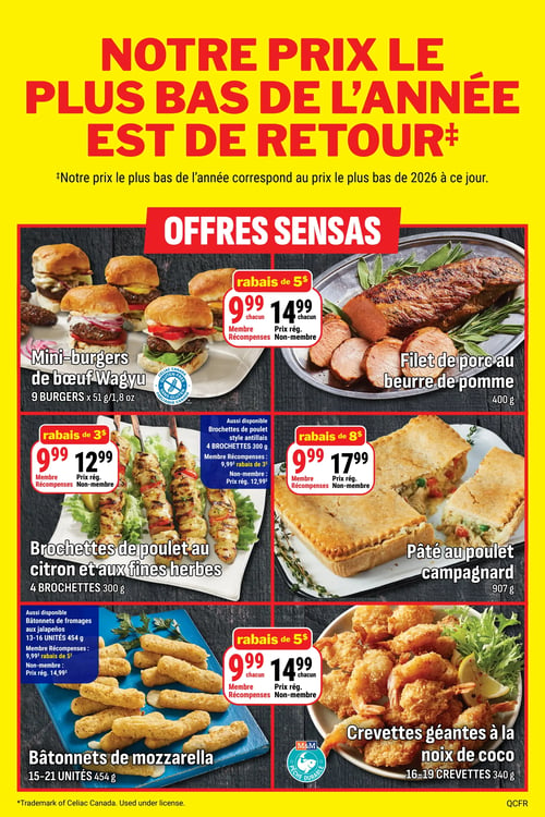 Les Aliments M&M - Page 8. La page est dominée par une bannière jaune en haut avec le texte rouge "NOTRE PRIX LE PLUS BAS DE L'ANNÉE EST DE RETOUR", indiquant que le prix le plus bas de l'année correspond au prix le plus bas de 2026 à ce jour. En dessous, une section "OFFRES SENSAS" présente six produits. De gauche à droite et de haut en bas :
1. Mini-burgers de bœuf Wagyu, 9 burgers de 51 g, avec un logo "Sans gluten". Pour les membres Récompenses, le prix est de 9,99 $ (rabais de 5 $), et pour les non-membres, le prix régulier est de 14,99 $.
2. Filet de porc au beurre de pomme, 400 g. Pour les membres Récompenses, le prix est de 9,99 $ (rabais de 5 $), et pour les non-membres, le prix régulier est de 14,99 $.
3. Brochettes de poulet au citron et aux fines herbes, 4 brochettes de 300 g. Pour les membres Récompenses, le prix est de 9,99 $ (rabais de 3 $), et pour les non-membres, le prix régulier est de 12,99 $. Également disponibles : brochettes de poulet style antillais, 4 brochettes de 300 g, au même prix.
4. Pâté au poulet campagnard, 907 g. Pour les membres Récompenses, le prix est de 9,99 $ (rabais de 8 $), et pour les non-membres, le prix régulier est de 17,99 $.
5. Bâtonnets de mozzarella, 15 à 21 unités de 454 g. Pour les membres Récompenses, le prix est de 9,99 $ (rabais de 5 $), et pour les non-membres, le prix régulier est de 14,99 $. Également disponibles : bâtonnets de fromages aux jalapeños, 13 à 16 unités de 454 g, au même prix.
6. Crevettes géantes à la noix de coco, 16 à 19 crevettes de 340 g, avec un logo "Pêche durable". Pour les membres Récompenses, le prix est de 9,99 $ (rabais de 5 $), et pour les non-membres, le prix régulier est de 14,99 $.