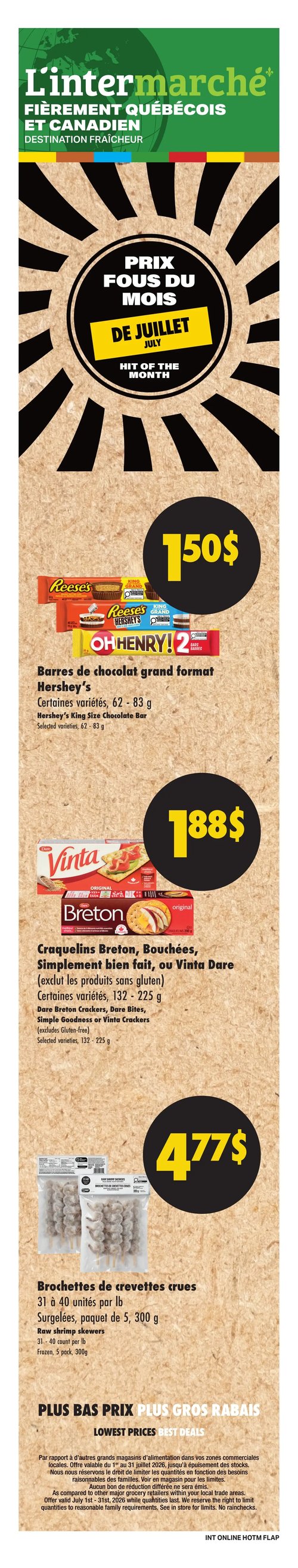 Circulaire L’intermarché - Page 2. La page met en vedette des produits de marque Le Choix du Président sur un fond rouge vif. On y trouve les côtes levées de porc de 680 g ou les ailes de poulet de 800 ou 907 g, certaines variétés congelées, pour 13,99 $. Ensuite, les barres de fromage ou le fromage râpé PC, certaines variétés de 250 à 400 g, sont offertes à 6,49 $. La limonade PC de 1,89 L, certaines variétés, est à 2,49 $ plus taxes. Enfin, les biscuits Le Décadent PC, certaines variétés de 280 ou 300 g, sont disponibles pour 4,79 $.
