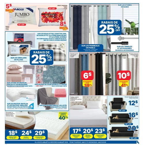 Circulaire Rossy - Page 2. La page présente une variété d'articles pour la maison. En haut à gauche, un oreiller Jumbo Rossy de 20x28 pouces est à 5 $, économisez 29 %. À côté, un oreiller Jumbo Great Canadian de 20x28 pouces est à 8 $, économisez 38 %. Au centre gauche, un rabais de 25 % est offert sur les oreillers, les douillettes, les couettes, les ensembles de literie, la literie juvénile, les ensembles de draps en percale et microfibre, les ensembles de courtepointe 2 ou 3 pièces, les protège-matelas et protège-oreillers, ainsi que les couvertures et les jetés. En bas à gauche, des surmatelas en mousse mémoire sont disponibles : simple à 18 $, double à 24 $ et grand/queen à 29 $. Économisez jusqu'à 40 %. En haut à droite, un rabais de 25 % est appliqué sur les panneaux, les stores, les tringles et les accessoires. Des panneaux en lin de 52x84 pouces sont offerts à 6 $, économisez 39 %. Des panneaux jacquard de 52x84 pouces sont à 10 $, économisez 41 %. En bas à droite, des protège-matelas antibactériens sont disponibles : simple/double à 17 $, double à 20 $ et grand/queen à 23 $. Des housses de sofa en velours sont également présentées : 65x75 pouces à 12 $, 88x75 pouces à 16 $ et 110x75 pouces à 20 $.