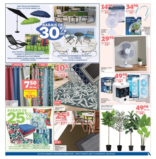 Circulaire Rossy - Page 4. La page présente des offres pour l'aménagement extérieur et des articles de confort. En haut, un rabais de 30 % est offert sur tous les parasols (montrant des modèles noirs, bleus et verts), sur toutes les chaises longues, chaises pliantes et chaises berçantes d'extérieur (incluant des chaises berçantes noires, des chaises pliantes noires et rouges), ainsi que sur tous les ensembles de bistro et de jardins (avec des ensembles de chaises berçantes grises, un ensemble bistro gris et des chaises blanches rembourrées). À droite, un ventilateur de table 6" est à 14,98 $ (économisez 31 %), un refroidisseur d'air personnel Arctic Air Freedom est à 34,98 $ (économisez 12 %), et un ventilateur de table 12" est à 29,98 $ (économisez 25 %). Au centre gauche, des panneaux d'extérieur 52"x84" des collections Malibu et Ibiza sont à 7,50 $ chacun (économisez 50 %), disponibles en couleurs unies (rouge, bleu, blanc) et à motifs floraux. Au centre, un tapis d'extérieur 3'x4' est à 10 $ (économisez 44 %), illustré avec un motif de feuilles blanches sur fond vert foncé et d'autres motifs géométriques. Au centre droit, un climatiseur d'air Arctic Air est à 49,98 $ (économisez 16 %), et un ventilateur brumisateur rechargeable Bell+Howell Aqua Breeze est à 49,98 $ (économisez 58 %). En bas à gauche, un rabais de 25 % est appliqué sur tous les coussins de chaises et les coussins décoratifs pour l'extérieur, montrant des coussins unis (bleu, rouge) et à motifs floraux ou géométriques. Au centre bas, un tapis d'extérieur Fairlan 6'x8' est à 25 $ (économisez 37 %), présenté en brun uni et en gris. En bas à droite, des arbres artificiels en pot de 5' sont à 49,98 $ chacun (économisez 58 %), avec quatre variétés différentes illustrées.
