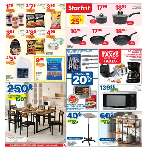 Circulaire Rossy - Page 5. La page présente une variété de produits alimentaires, d'articles de cuisine et de meubles. Dans la section épicerie, on trouve les confitures assorties Club Supreme de 250 ml à 1,78 $ (40 % de rabais), les croustilles assorties Old Dutch de 200 g à 2 pour 7 $ (28 % de rabais), le maïs soufflé Imperial Popcorn de 400 g à 3,98 $ (20 % de rabais), le jambon cuit Mario's de 340 g à 3,98 $ (23 % de rabais), les croustilles assorties Old Dutch de 240 g à 300 g à 2 pour 8 $ (28 % de rabais), et les bonbons assortis de 450 g à 700 g à 4,98 $ (23 % de rabais). Le vinaigre blanc Winston House de 4 litres est offert à 2 pour 5 $ (44 % de rabais) et les arachides en écale Planters de 2 kg à 9,98 $ (28 % de rabais).

La section de batterie de cuisine Starfrit offre jusqu'à 25 % de rabais, incluant une casserole de 1,3 litre à 17,98 $, une casserole de 2,7 litres avec couvercle à 18,98 $, et des poêles à frire Aroma de 8, 10 et 11 pouces respectivement à 16,98 $, 17,98 $ et 18,98 $.

Pour les articles ménagers, il y a un rabais de 20 % sur les ensembles de coutellerie Devella et sur les plats d'aluminium et filtres à café. Rossy paie les taxes sur les petits électroménagers (excluant les micro-ondes), avec des exemples comme un gaufrier, un grille-pain, un batteur à main et une cafetière. Un micro-ondes Salton de 0,9 pied cube et 900 watts est à 139,98 $ (12 % de rabais).

Enfin, la section ameublement propose un ensemble de salle à manger rustique de 7 pièces à 250 $ (économisez 150 $), une table mobile à hauteur réglable de 34,5 x 15,8 x 32,6 pouces à 40 $ (économisez 40 $), et une étagère de cuisine vintage de 35,4 x 15,75 x 32,6 pouces à 60 $ (économisez 50 $).