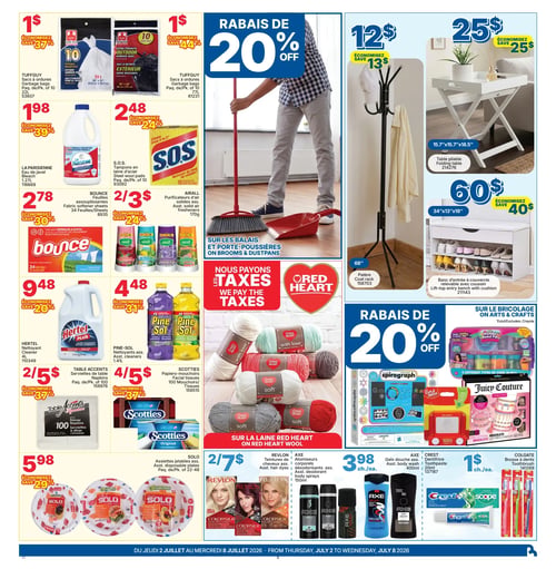 Circulaire Rossy - Page 6. La page présente des articles ménagers, de la décoration, des produits d'artisanat et des soins personnels. En haut à gauche, les sacs à ordures Tuffguy de 22 L ou 77 L sont à 1 $ chacun. L'eau de javel La Parisienne de 1,27 L est à 1,98 $. Les tampons en laine d'acier SOS, paquet de 10, sont à 2,48 $. Les feuilles assouplissantes Bounce, paquet de 34, sont offertes à 2 pour 3 $. Les purificateurs d'air solides Airall de 170 g sont aussi à 2 pour 3 $. Le nettoyant Hertel de 4 L est à 9,48 $. Les nettoyants Pine-Sol assortis de 1,41 L sont à 4,48 $. Les serviettes de table Table Accents, paquet de 100, sont à 2 pour 5 $. Les papiers-mouchoirs Scotties, paquet de 100, sont à 4 pour 5 $. Les assiettes jetables Solo, paquet de 22 à 48, sont à 5,98 $. Au centre, un rabais de 20 % est appliqué sur les balais et porte-poussières. Une patère de 68 pouces est à 12 $. Une table pliable blanche est à 25 $. Un banc d'entrée blanc avec couvercle relevable et coussin est à 60 $. La circulaire indique "Nous payons les taxes" et met en avant la laine Red Heart. Un rabais de 20 % est offert sur la laine Red Heart. Un rabais de 20 % est également offert sur le bricolage et les arts, excluant les produits Crayola, incluant des articles comme le Spirograph, l'Etch A Sketch, un kit de slime Ultimate Bucket Fun et des bracelets Juicy Couture. En bas à droite, deux produits parmi les teintures capillaires Revlon assorties ou les atomiseurs corporels ou déodorants Axe de 150 ml sont offerts pour 7 $. Les gels douche Axe assortis de 400 ml et le dentifrice Crest de 20 ml sont à 3,98 $ chacun. Les brosses à dents Colgate sont à 1 $ chacune.