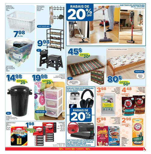 Circulaire Rossy - Page 7. La page présente une variété d'articles pour la maison et les animaux de compagnie. En haut à gauche, un panier à linge Sterilite de 52 L est à 7,98 $ chacun. Un bac de rangement transparent Tuff Store de 35 L est à 14,98 $, économisez 25 %. Un portemanteau avec étagères mesurant 23,5"x10,25"x60" est à 9,98 $ chacun. Un tabouret pliant de 13" est à 19,98 $. Une poubelle d'extérieur Sterilite de 80 L est à 14,98 $, économisez 25 %. Un chariot de rangement Sterilite à 3 tiroirs, mesurant 14,5"x8"x25", est à 19,98 $, économisez 39 %. Au centre, un rabais de 20 % est offert sur tous les aspirateurs. Un matelas pliable de 39" est à 45 $, économisez 20 $. Un matelas simple ou double est à 80 $, économisez 50 % (base de lit non incluse). En bas, un rabais de 20 % est appliqué sur tous les écouteurs, ainsi que sur tous les lecteurs CD et de cassettes portables. Des piles Eveready Gold 9V, paquet de 1, sont à 1,98 $. Des piles Eveready AA ou AAA, paquet de 4, sont à 1,98 $, économisez 33 %. Pour les animaux, un bac jetable KatKit avec litière est à 3,98 $, économisez 15 %. Des gâteries pour chiens Purina One de 198 g sont à 4,48 $, économisez 18 %. La nourriture pour chats Purina Friskies, de 1,42 kg à 1,5 kg, est à 5,98 $, économisez 33 %. Un désodorisant pour litière Arm & Hammer de 510 g est à 2,98 $, économisez 14 %.