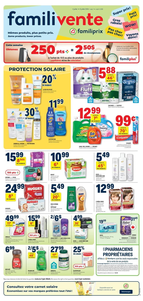 Circulaire Familiprix - Page 1. La page annonce une "Familivente" avec le slogan "Mêmes produits, plus petits prix". Une promotion principale offre 250 points, soit 2,50 $ de récompenses, à l'achat de 15 $ ou plus de produits capillaires et/ou de coloration. Dans la section "Protection Solaire", on trouve : La Roche-Posay à 20 % de rabais sur les produits solaires sélectionnés; Ombrelle, Aveeno ou Neutrogena à 30 % de rabais sur les produits solaires sélectionnés; et Coppertone à 11,99 $ sur les produits solaires sélectionnés. Autres offres : Papiers Cascades ou Scotties à 5,88 $ (jusqu'à 46 % de rabais) sur les papiers sélectionnés. Produits Gain, Tide, Downy ou Bounce à 12,99 $ (jusqu'à 7 $ de rabais) sur les produits sélectionnés. Dentifrices ou brosses à dents Colgate à 0,99 $ (jusqu'à 70 % de rabais) sur les produits sélectionnés. Produits Poise ou Depend à 15,99 $ (8,50 $ de rabais) sur les produits et formats sélectionnés, avec 150 points. Substituts de repas Boost à 10,99 $ (6 $ de rabais) pour 6 x 237 ml. Produits capillaires Dove à 5,49 $ (jusqu'à 45 % de rabais) sur les produits sélectionnés. Couches Huggies à 24,99 $ (8 $ de rabais) sur les couches sélectionnées. Gels douche Irish Spring ou Softsoap à 5,49 $ (plus de 20 % de rabais) pour 591 ml. L'Oréal Paris Excellence Crème à 12,99 $ sur la crème colorante, le soin couleur ou le soin embellisseur. Préparation en poudre pour nourrisson Similac Total Confort à 49,99 $ (11 $ de rabais) pour 837 g. Produits de maquillage L'Oréal Paris à 15,99 $ (6 $ de rabais) sur les produits sélectionnés, avec 150 points. Antisudorifiques ou désodorisants Speed Stick ou Lady Speed Stick à 2 pour 6 $ sur les produits sélectionnés. Savons Dove ou Dove Men Care à 4,99 $ (36 % de rabais) pour 3 x 106 g. Advil à 19,99 $ sur l'ibuprofène, 200 mg, 110 ou 115 capsules. Produits Robax Platine, Robaxacet ou Robaxin à 31,49 $ sur les produits sélectionnés pour maux de dos et douleurs musculaires. Café instantané Nescafé Riche à 6,99 $ pour 170 g. Liquide à vaisselle Palmolive à 2 pour 5 $ (jusqu'à 48 % de rabais) pour 591 ml ou 828 ml. Produits Genacol Optimum à 27,99 $ (11 $ de rabais) sur les produits sélectionnés. Pansements Elastoplast à 25 % de rabais sur les produits sélectionnés, avec 100 points. Une note indique que les pharmaciens propriétaires affiliés à Familiprix sont les seuls responsables de la vente de ces produits. La page se termine par une invitation à consulter le carnet solaire et à économiser sur les marques préférées tout l'été, avec une mention de disponibilité sur familiprix.com/ete-en-sante.