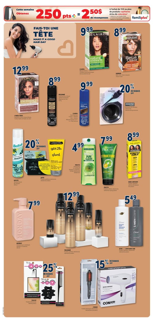 Circulaire Familiprix - Page 6. En haut de page, une offre Familiprix+ permet d'obtenir 250 points, soit 2,50 $ de récompenses, à l'achat de 15 $ ou plus de produits capillaires et/ou de coloration, valide du 2 au 8 juillet 2026. La page est dédiée aux produits capillaires sous le thème "Fais-toi une tête". On y trouve : la coloration sans ammoniaque Clairol Natural Instincts à 9,99 $; la crème colorante Garnier Belle Color à 8,99 $; la coloration L'Oréal Paris Excellence Crème Universal Nudes à 12,99 $; le colorant capillaire temporaire Tresemmé Root Touch-Up à 8,99 $; la retouche racines 2 en 1 Clairol Root Touch-Up Couleur + Volume à 9,99 $; les accessoires de coloration Essentiel avec 20 % de rabais; le shampoing sec Batiste de 350 ml avec 20 % de rabais; les produits capillaires sélectionnés Got2b, comme la pâte sculptante ou la colle mèches hérissées, à 4,99 $; le shampoing ou revitalisant Garnier Fructis Pure Clean, formats sélectionnés, à 4,99 $; le gel sculptant Fructis Style, produits coiffants sélectionnés, à 7,99 $; les produits capillaires sélectionnés Marc Anthony Strictly Curls à 8,99 $; le shampoing ou revitalisant Monday de 854 ml à 7,99 $; les produits capillaires sélectionnés Tresemmé, incluant laque et sérum, à 12,99 $; les shampoings ou revitalisants Dove et Dove Men Care, produits capillaires sélectionnés, à 5,49 $; les produits sélectionnés Touchy, comme un bonnet de douche ou des accessoires pour cheveux, avec 25 % de rabais; et enfin, les produits électriques sélectionnés Conair, incluant la brosse ronde Infinitipro et le sèche-cheveux, avec 15 % de rabais.