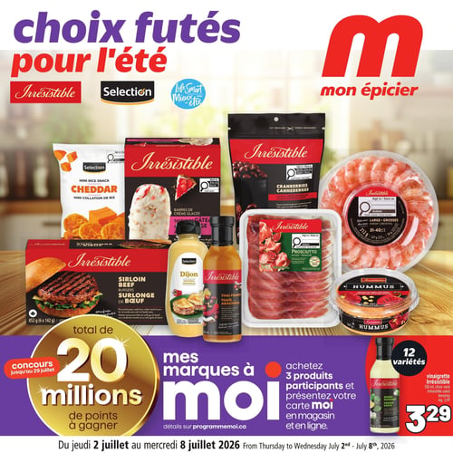 Circulaire Metro - Page 1. La page d'accueil présente les "Choix Futés pour l'Été" avec les marques Irrésistibles, Selection et Life Smart Mieux-être. On y voit une variété de produits : des mini collations de riz cheddar Selection, des barres de crème glacée Irrésistibles saveur gâteau au fromage, des canneberges Irrésistibles enrobées de chocolat noir, et des crevettes cuites Irrésistibles de calibre large (31-40 par livre). Sont également présentés : des burgers de surlonge de bœuf Irrésistibles (852 g, 6 x 142 g), de la vinaigrette Dijon originale Selection, de la vinaigrette thaï aux arachides Irrésistibles, du prosciutto tranché Irrésistibles (100 g), et du houmous Irrésistibles aux poivrons rouges rôtis (227 g). Une vinaigrette Irrésistibles, saveur Déesse Verte, est offerte à 3,29 $ (choix varié, 350 ml, prix régulier 3,99 $). Un concours permet de gagner un total de 20 millions de points jusqu'au 29 juillet. Il est également mentionné d'acheter 3 produits participants et de présenter la carte moi en magasin et en ligne. Ces offres sont valides du jeudi 2 juillet au mercredi 8 juillet 2026.