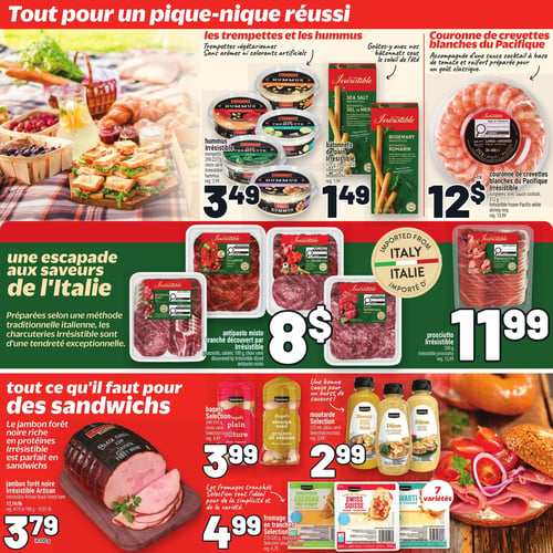 Metro - Page 2. La page présente des choix futés pour l'été, organisés en trois sections thématiques. La première section, intitulée "Tout pour un pique-nique réussi", propose : les trempettes et hummus Irrésistible, 200-227 g, choix varié, à 3,49 $ (rég. 3,99 $); les bâtonnets de pain Irrésistible, 125 g, choix varié, à 1,49 $ (rég. 1,99 $); et la couronne de crevettes blanches du Pacifique Irrésistible, surgelées, avec sauce cocktail, 312 g, à 12 $ (rég. 13,99 $). La deuxième section, "Une escapade aux saveurs de l'Italie", met en vedette des charcuteries importées d'Italie : l'antipasto misto tranché Irrésistible, 100 g, choix varié, à 8 $; et le prosciutto Irrésistible, 200 g, à 11,99 $ (rég. 12,49 $). La troisième section, "Tout ce qu'il faut pour des sandwichs", inclut : le jambon forêt noire Irrésistible Artisan, à 3,79 $ le 100 g (rég. 4,19 $ le 100 g); les bagels Selection, 340-510 g, choix varié, à 3,99 $ (rég. 4,49 $); la moutarde Selection, 325 ml, choix varié, à 2,99 $ (rég. 3,99 $); et le fromage en tranches Selection, 210-230 g, choix varié, à 4,99 $ (rég. 6,79 $).