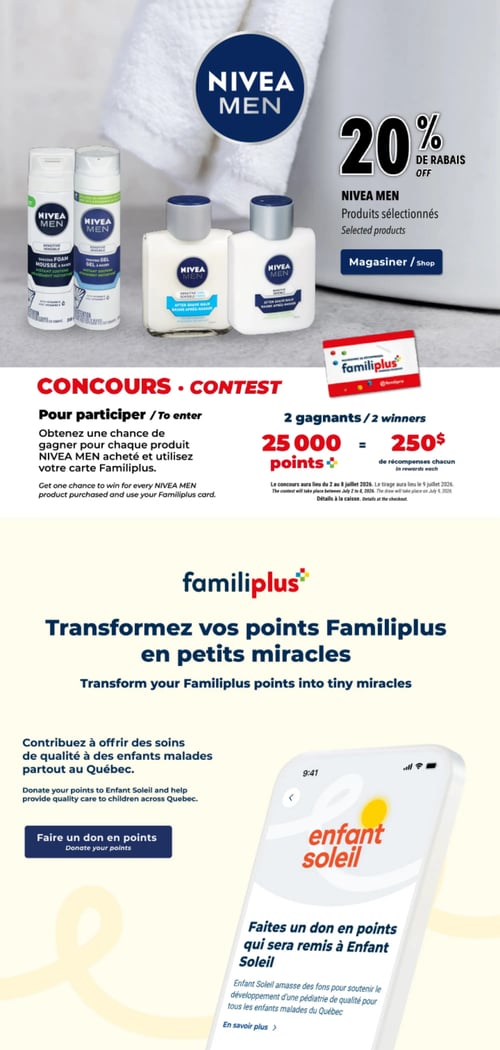 Circulaire Familiprix - Page 2. La page présente trois sections distinctes. En haut, une offre sur les produits Nivea Men, avec 20 % de rabais sur une sélection d'articles. L'image montre de la mousse à raser, du gel à raser et un baume après-rasage de la marque. Au centre, un concours est annoncé : achetez un produit Nivea Men et utilisez votre carte Familiplus pour avoir une chance de gagner. Deux gagnants recevront chacun 25 000 points, équivalant à 250 $ en récompenses. Le concours se déroule du 2 au 8 juillet 2026, avec un tirage le 9 juillet 2026. En bas de page, une initiative Familiplus invite à transformer les points en petits miracles en faisant un don à Enfant Soleil pour soutenir les soins de qualité aux enfants malades du Québec. Un bouton "Faire un don en points" est visible.
