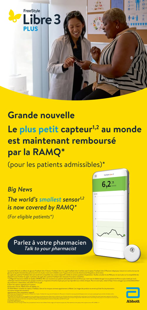 Circulaire Familiprix - Page 4. La page met en vedette le système FreeStyle Libre 3 Plus. Une professionnelle de la santé présente l'application mobile à une patiente portant le capteur FreeStyle Libre 3 sur le bras. L'annonce principale indique que le plus petit capteur de glucose au monde est maintenant remboursé par la RAMQ pour les patients admissibles. Une illustration montre l'écran d'un téléphone affichant une lecture de glucose de 6,2 mmol/L et un graphique, accompagné d'un petit capteur. Un appel à l'action invite à parler à son pharmacien. Le logo Abbott est visible en bas de page.