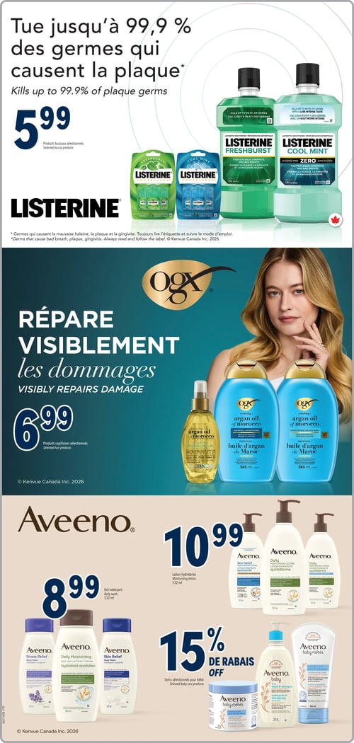 Familiprix - Page 5. La page est divisée en trois sections promotionnelles. En haut, les produits Listerine, incluant des rince-bouches antiseptiques Freshburst et Cool Mint de 1 litre, ainsi que des languettes rafraîchissantes Pocketpaks, sont offerts à 5,99 $ pour les produits buccaux sélectionnés. La promotion met en avant l'efficacité à tuer jusqu'à 99,9 % des germes qui causent la plaque. Au centre, la marque OGX propose des produits capillaires sélectionnés à 6,99 $. On y voit une huile d'argan du Maroc, un shampoing et un revitalisant de 385 ml, présentés comme réparant visiblement les dommages. En bas de page, la marque Aveeno est mise en vedette. Les lotions hydratantes Aveeno, comme Daily Moisturizing, Skin Relief et Stress Relief, sont à 10,99 $ pour des formats de 532 ml. Les nettoyants corporels Aveeno, incluant Stress Relief, Daily Moisturizing et Skin Relief, sont à 8,99 $ pour des formats de 532 ml. Enfin, une sélection de soins pour bébé Aveeno Baby, comprenant une crème hydratante pour l'eczéma, un baume de nuit et un nettoyant et shampoing, bénéficie d'un rabais de 15 %.