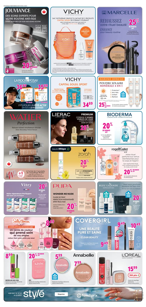 Circulaire Familiprix - Page 6. La page présente diverses offres de produits de beauté et de soins. En haut à gauche, Jouviance propose 20 % de rabais sur les soins anti-âge sélectionnés. À côté, Vichy offre un sac isotherme gratuit à l'achat de 2 produits Capital Soleil. Marcelle propose 25 % de rabais sur les maquillages sélectionnés. Plus bas, La Roche-Posay présente des protections solaires Anthelios à 36,89 $ pour la lotion hydratante et 35,89 $ pour l'ultra fluide. Vichy Capital Soleil est offert en coffret à 34,89 $. Karine Joncas propose 25 % de rabais sur ses poudres solaires minérales 4 en 1, fabriquées au Québec. Watier offre une étampe à l'achat de 2 produits de maquillage. Lierac Premium et Bioderma offrent chacun 20 % de rabais sur une sélection de soins. Zorah biocosmétiques, Roger&Gallet, Vitry et Pupa Milano proposent également 20 % de rabais sur leurs produits sélectionnés. Bleu Lavande, conçu et fabriqué au Québec, offre 20 % de rabais sur ses produits bien-être. Sally Hansen présente un vernis à ongles à 8,49 $. Covergirl propose des produits de maquillage sélectionnés à 9,49 $ et 10,49 $. Maybelline New York offre le mascara Great Lash à 8,99 $. NYX Professional Makeup propose 20 % de rabais sur son fard à joues Buttermelt. Annabelle présente le fard à joues Perfect Blush à 5,99 $ et la poudre bronzante Perfect Bronzer à 7,99 $. Enfin, L'Oréal Paris offre des produits de maquillage sélectionnés, comme le mascara Infallible et la poudre True Match, à 15,99 $ avec 150 points en prime.