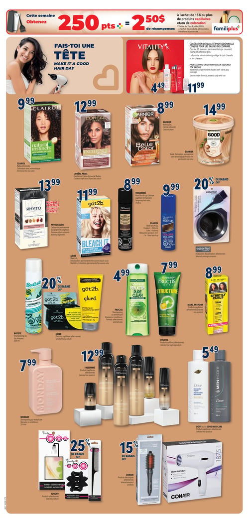 Circulaire Familiprix - Page 7. En haut de page, obtenez 250 points Familiprix, soit 2,50 $ en récompenses, à l'achat de 15 $ ou plus de produits capillaires et/ou de coloration, valide du 2 au 8 juillet 2026. La page est dédiée aux produits capillaires. On y trouve la coloration permanente Natural Instincts de Clairol à 9,99 $. La coloration crème Excellence Universal Nudes de L'Oréal Paris est à 12,99 $. La coloration crème Belle Color de Garnier est à 8,99 $. La coloration permanente sans ammoniaque Good de Garnier est à 14,99 $. La coloration professionnelle Vitality's est offerte à 4,49 $ pour le shampooing ou revitalisant et à 11,99 $ pour la coloration. La coloration permanente Phyto Coloration est à 13,99 $. La décoloration permanente Bleach It de Got2b est à 11,99 $. Le colorant capillaire temporaire Root Touch Up de Tresemmé, 70,8 grammes, est à 8,99 $. Le Root Touch Up Color + Volume de Clairol, retouche racines 2 en 1, est à 9,99 $. Les accessoires de coloration Essentiel sont à 20 % de rabais. Le shampooing sec Original de Batiste, 350 ml, est à 20 % de rabais. Les produits capillaires sélectionnés Got2b, comme la pâte sculptante Glued, sont offerts. Le shampooing ou revitalisant Pure Clean de Fructis est à 4,99 $. Le gel sculptant Structure de Fructis, 200 ml, est à 7,99 $. La crème pour boucles Strictly Curls de Marc Anthony est à 8,99 $. Le shampooing ou revitalisant Moisture Hydration de Monday, 354 ml, est à 7,99 $. Les produits capillaires sélectionnés Tresemmé sont à 12,99 $. Les produits capillaires Dove ou Dove Men+Care sont à 5,49 $. Enfin, les produits Touchy, comme le bonnet de douche fleuri, sont présentés. Les accessoires de décoration capillaire Touchy, incluant une pince et un peigne, sont à 25 % de rabais. Les produits électriques Conair, comme la brosse ronde chauffante InfinitiPro et le sèche-cheveux de 1875 watts, sont à 15 % de rabais.