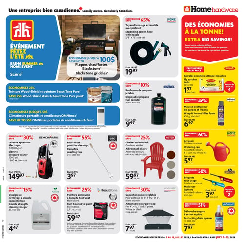 Circulaire Home Hardware - Page 1. La page met en avant l'événement "Fêtez l'été" de Home Hardware. Économisez jusqu'à 100 $ sur les plaques chauffantes Blackstone. La section de droite annonce "Des économies à la tonne!". On y trouve des spirales encollées attrape-mouches Aeroxon, paquet de 4, à 1,97 $ le paquet, et de la mousse destructrice de guêpes et frelons Wilson de 450 g à 6,97 $. Un tuyau d'arrosage extensible avec pistolet est à 19,97 $ (économisez 65 %). Une bonbonne de propane jetable Bernzomatic de 16 oz est à 9,97 $ (économisez 10 %). Économisez 25 % sur la teinture Wood-Shield et la peinture BeautiTone Pure de 3,4 L à 3,7 L. Économisez jusqu'à 50 $ sur les climatiseurs portatifs et ventilateurs OMNImax. Une laveuse à pression électrique Benchmark de 2000 lb/po² est à 149,97 $ (économisez 30 %). Une fourchette pour feu de camp Frank's de 34 po est à 3,97 $ (économisez 55 %). Des chaises Adirondack Keter de couleurs variées sont à 59,97 $ chacune (économisez 25 %). Un arrosoir Home Essentials de 8 L de couleurs variées est à 5,97 $ chacun (économisez 60 %). Des briquets tout usage GrillPro de couleurs variées, paquet de 2, sont à 3,97 $ le paquet (économisez 50 %). Du vinaigre de nettoyage Natura à double concentration de 3 L est à 4,47 $ (économisez 15 %). De la peinture antirouille à l'alkyde BeautiTone Rust Coat noir lustré de 3,7 L est à 59,47 $ (économisez 25 %). Un capuchon solaire réglable Moonrays pour poteaux de 4 po, 4-1/2 po et 5 po, blanc ou noir, est à 7,97 $ (économisez 30 %). Un débouche-tuyaux à action rapide Professional de 1 L est à 7,97 $ (économisez 51 %).