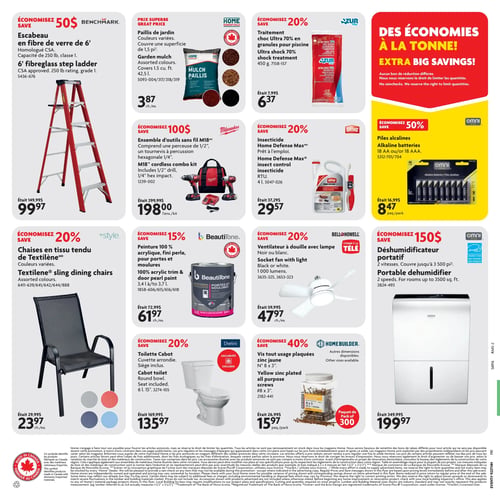 Circulaire Home Hardware - Page 2. La page présente diverses offres pour la maison et le jardin. En haut à gauche, un escabeau en fibre de verre Benchmark de 6 pieds est offert à 99,97 $, une économie de 50 $. À côté, du paillis de jardin Home Essentials de 42,5 litres, couleurs variées, est à 3,87 $ chacun. Un traitement choc Ultra 70 % pour piscine Azur Pool de 450 grammes est à 6,37 $, une économie de 20 % sur le prix de 7,99 $. Une section rouge et jaune proclame "Des économies à la tonne!" avec des avertissements sur la limitation des quantités. Au centre, un ensemble d'outils sans fil M18 Milwaukee comprenant une perceuse et un tournevis à percussion est à 198,00 $ l'ensemble, une économie de 100 $ sur le prix de 299,99 $. Un insecticide Home Defense Max Ortho de 4 litres est à 29,57 $, une économie de 20 % sur le prix de 37,29 $. Des piles alcalines Omni Max (18 AA ou 18 AAA) sont à 8,47 $ le paquet, une économie de 50 % sur le prix de 16,99 $. En bas à gauche, des chaises en tissu tendu de Textilène In Style, couleurs variées, sont à 23,97 $ chacune, une économie de 20 % sur le prix de 29,99 $. Une peinture 100 % acrylique Beautitone fini perle pour portes et moulures (3,4 à 3,7 litres) est à 61,97 $ chacune, une économie de 15 % sur le prix de 72,99 $. Un ventilateur à douille avec lampe Bell + Howell, noir ou blanc, 1000 lumens, est à 47,97 $ chacun, une économie de 20 % sur le prix de 59,99 $. Une toilette Cabot Chelini avec cuvette arrondie et siège inclus (6 litres) est à 135,97 $, une économie de 20 % sur le prix de 169,99 $. Des vis tout usage plaquées zinc jaune Home Builder (numéro 8 x 3 pouces) en paquet de 300 sont à 15,97 $ le paquet, une économie de 40 % sur le prix de 26,99 $. Enfin, un déshumidificateur portatif Omni Max à 2 vitesses, couvrant jusqu'à 3 500 pieds carrés, est à 199,97 $, une économie de 150 $ sur le prix de 349,99 $.