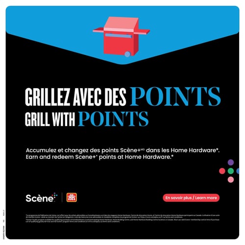 Circulaire Home Hardware - Page 10. La page présente une illustration d'un barbecue rouge sur un fond bleu et noir. Le titre principal, en gros caractères blancs et bleus, indique "GRILLEZ AVEC DES POINTS". Le texte en dessous invite à "Accumulez et changez des points Scène+ dans les Home Hardware". En bas de page, les logos Scène+ et Home Hardware sont affichés, ainsi qu'un bouton rouge "En savoir plus". Une petite note légale précise que le programme de fidélisation Scène+ est offert pour les achats admissibles sur homehardware.ca et dans les magasins Home Hardware participants au Canada, et que l'utilisation d'une carte de membre Scène+ valide est obligatoire au moment de l'achat.