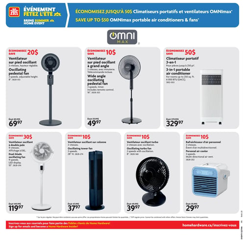 Circulaire Home Hardware - Page 12. La page met en vedette l'événement "Fêtez l'été" avec des économies allant jusqu'à 50 $ sur les climatiseurs portatifs et ventilateurs OMNImax. On y trouve un ventilateur sur pied oscillant à 69,97 $ (économisez 20 $), un ventilateur sur pied oscillant à grand angle avec télécommande à 49,97 $ (économisez 10 $), et un climatiseur portatif 3-en-1 de 6 000 BTU pour pièces jusqu'à 250 pi² à 329,97 $ (économisez 50 $). La deuxième rangée présente un ventilateur oscillant à double pale avec affichage DEL à 119,97 $ (économisez 30 $), un ventilateur oscillant sur colonne à 37,97 $ (économisez 10 $), un ventilateur oscillant turbo à 39,97 $ (économisez 10 $), et un rafraîchisseur d'air personnel avec évent multidirectionnel à 29,97 $ (économisez 10 $). En bas de page, une invitation à s'inscrire aux courriels pour devenir un fidèle client de Home Hardware.