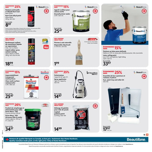 Circulaire Home Hardware - Page 15. La page présente neuf offres de produits de peinture et de réparation. En haut à gauche, la peinture antirouille Beautitone à l'alkyde Rust Coat, noir lustré, de 340 grammes est à 8,97 $, une économie de 25 %. Au centre, l'apprêt-scelleur Beautitone pour cloison sèche de 3,70 litres est à 25,47 $, avec 15 % de rabais. À droite, une grande image montre un homme peignant un plafond avec la peinture au latex Beautitone pour plafonds, de 3,64 litres, offerte à 33,97 $, soit 15 % de rabais. Au milieu à gauche, le revêtement scellant de caoutchouc liquide Flex Seal en vaporisateur, clair, noir ou blanc, de 396 grammes, est au prix superbe de 18,99 $ l'unité. Au centre, un pinceau Pintar à soie naturelle jetable de 50 mm est à 1,99 $. À droite, un pulvérisateur Beautitone Wood-Shield d'une capacité de 4 litres est à 14,87 $, une économie de 35 %. En bas à gauche, le produit de remplissage et d'étanchéité Black Jack Drive-Maxx 500 pour allée, de 17 litres, couvrant environ 350 pieds carrés, est à 34,37 $, soit 20 % de rabais. Au centre, le mélange d'asphalte Ready Road Repair pour nids-de-poule de 22,78 kilogrammes est au prix superbe de 14,99 $. Enfin, en bas à droite, l'ensemble de 8 pièces Beautitone comprenant un bac à peinture et des rouleaux est à 17,97 $, une économie de 25 %.