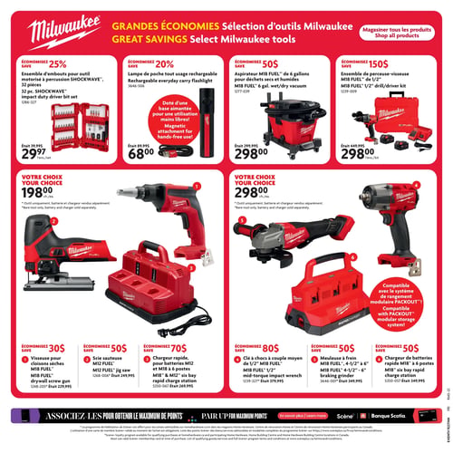 Home Hardware - Page 18. La page présente une sélection d'outils Milwaukee. En haut, on trouve un ensemble d'embouts pour outil à percussion SHOCKWAVE™ de 32 pièces à 29,97 $ (était 39,99 $, économisez 25 %), une lampe de poche rechargeable avec base aimantée à 68,00 $ (était 89,99 $, économisez 20 %), un aspirateur M18 FUEL™ de 6 gallons pour déchets secs et humides à 298,00 $ (était 299,99 $, économisez 50 $), et un ensemble de perceuse-visseuse M18 FUEL™ de 1/2" à 298,00 $ (était 449,99 $, économisez 150 $). La section "Votre choix" propose des outils vendus sans batterie ni chargeur. Pour 198,00 $ chacun, sont disponibles : la visseuse pour cloisons sèches M18 FUEL™ (économisez 30 $) et la scie sauteuse M12 FUEL™ (économisez 50 $). Pour 298,00 $ chacun, sont disponibles : la clé à chocs à couple moyen de 1/2" M18 FUEL™ (économisez 80 $) et la meuleuse à frein M18 FUEL™ 4-1/2" à 6" (économisez 50 $). Deux chargeurs rapides sont également offerts : un chargeur rapide pour batteries M12 et M18 à 6 postes (économisez 70 $) et un chargeur de batteries rapide M18™ à 6 postes (économisez 50 $). Certains outils sont compatibles avec le système de rangement modulaire PACKOUT™.