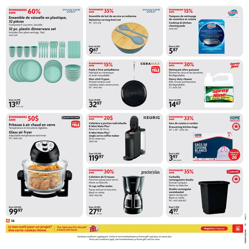 Circulaire Home Hardware - Page 21. La page présente des articles de cuisine et de maison. Un ensemble de vaisselle en plastique Phantom Chef de 32 pièces, couleur sarcelle, est à 13,97 $, une économie de 60 % (anciennement 34,99 $). Un ensemble de bol de service en mélamine Phantom Chef de 10 pouces est à 9,67 $, une économie de 35 % (anciennement 14,99 $). Des tampons de nettoyage de cuisinière et cuisine Glissten sont offerts à 5,87 $, une économie de 15 % (anciennement 6,99 $). Une poêle à frire antiadhésive Ceramax de 10 pouces, fabriquée en céramique et acier inoxydable, est à 32,97 $, une économie de 15 % (anciennement 39,99 $). Le nettoyant ultra-puissant Spray Nine de 2 litres, biodégradable et éliminant virus et bactéries, est à 14,67 $, une économie de 30 % (anciennement 20,99 $). Une friteuse à air chaud en verre Granitestone de 15 litres, avec température et minuterie réglables, est à 99,97 $, une économie de 50 $ (anciennement 149,99 $). La cafetière à portion individuelle Keurig K-Mini Mate Plus, avec un réservoir de 50 onces, est à 119,97 $, une économie de 20 $ (anciennement 139,99 $). Des sacs de cuisine à cordon Home Essentials de 24 x 30 pouces, en paquet de 20, sont à 3,97 $, une économie de 33 % (anciennement 5,99 $). Une cafetière Proctor Silex de 12 tasses, avec fonction pause pour servir, disponible en noir ou blanc, est à 27,97 $ chacun, une économie de 30 % (anciennement 39,99 $). Enfin, une corbeille rectangulaire Studio Curver de 14 litres, format compact, disponible en noir ou blanc, est à 4,97 $ chacun, une économie de 35 % (anciennement 7,99 $).
