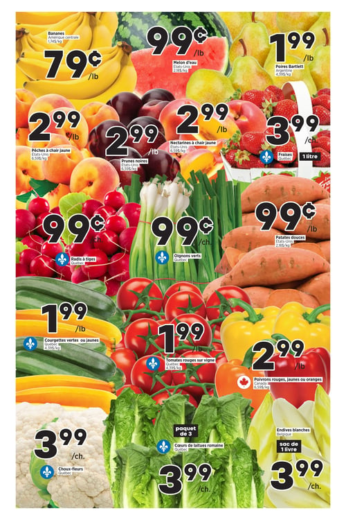Circulaire Valmont - Page 2. La page présente une variété de fruits et légumes frais. On y trouve des bananes d'Amérique centrale à 0,79 $ la livre, du melon d'eau à 0,99 $ la livre, et des poires Bartlett d'Argentine à 1,99 $ la livre. Les pêches à chair jaune des États-Unis sont offertes à 2,99 $ la livre, tout comme les prunes noires des États-Unis et les nectarines à chair jaune des États-Unis. Les fraises du Québec sont à 3,99 $ le litre. Pour les légumes, les radis à tiges du Québec sont à 0,99 $ le bouquet, les oignons verts du Québec à 0,99 $ le bouquet, et les patates douces des États-Unis à 0,99 $ la livre. Les courgettes vertes ou jaunes du Québec sont à 1,99 $ la livre, les tomates rouges sur vigne du Québec à 1,99 $ la livre, et les poivrons rouges, jaunes ou oranges du Canada à 2,99 $ la livre. Enfin, les choux-fleurs du Québec sont à 3,99 $ chacun, les cœurs de laitues romaine du Québec en paquet de 3 sont à 3,99 $ chacun, et les endives blanches de Belgique en sac de 1 livre sont à 3,99 $ chacune.