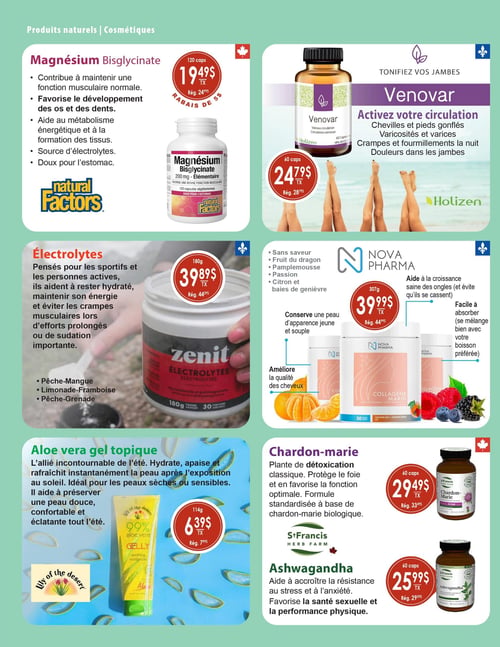 Circulaire Coopérative La Manne - Page 3. La page est dédiée aux produits naturels et cosmétiques. En haut à gauche, le Magnésium Bisglycinate de Natural Factors, 120 capsules, est offert à 19,49 $ (rég. 24,99 $), contribuant à la fonction musculaire, au développement des os et des dents. À droite, le Venovar de Holizen, 60 capsules, est à 24,79 $ (rég. 28,79 $), pour activer la circulation et soulager les jambes. Au centre gauche, les Électrolytes Zenit de Natural Factors, 180 g, sont à 39,89 $ (rég. 44,99 $), pour l'hydratation des sportifs, disponibles en saveurs Pêche-Mangue, Limonade-Framboise et Pêche-Grenade. À droite, le Collagène Marin Nova Pharma, 307 g, saveur Tangerine Baies, est à 39,99 $ (rég. 44,99 $), pour une peau jeune, des cheveux et des ongles sains, également disponible en saveurs sans saveur, fruit du dragon, pamplemousse, passion, citron et baies de genièvre. En bas à gauche, le gel topique d'Aloe vera Lily of the Desert, 114 g, est à 6,39 $ (rég. 7,99 $), pour hydrater et apaiser la peau après le soleil. En bas à droite, le Chardon-Marie de St Francis Herb Farm, 60 capsules, est à 29,49 $ (rég. 33,49 $), pour la détoxification et la protection du foie. Juste en dessous, l'Ashwagandha de St Francis Herb Farm, 60 capsules, est à 25,99 $ (rég. 29,99 $), pour la résistance au stress et la performance physique.