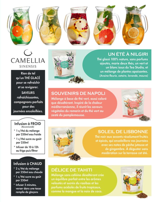 Circulaire Coopérative La Manne - Page 6. La page est dédiée aux thés glacés de la marque Camellia Sinensis. En haut, cinq pichets transparents remplis de thés glacés colorés, ornés de tranches de fruits (oranges, citrons, pamplemousses) et de feuilles de menthe, illustrent les saveurs rafraîchissantes. La page présente quatre mélanges de thés glacés, chacun avec son sachet et une pile de feuilles de thé séchées. Le premier, "Un été à Nilgiri", est un thé glacé 100 % nature, sans parfums ajoutés, combinant thés vert et blanc du Tea Studio avec des plantes apaisantes comme l'avoine fleurie, la cataire, la lavande et la mauve. Le deuxième, "Souvenirs de Napoli", est un mélange désaltérant à base de thé vert, inspiré de la chaleur méditerranéenne, avec des saveurs de romarin, de thé vert et de zeste de pamplemousse. Le troisième, "Soleil de Lisbonne", est un thé noir aux accents résolument fruités et épicés, avec des notes de pêche juteuse et de gingembre. Enfin, le "Délice de Tahiti" est un mélange sans caféine à base de rooibos, mangue et noix de coco, offrant un équilibre parfait entre arômes veloutés et sucrés. Des instructions détaillées sont fournies pour l'infusion à froid (1 cuillère à thé de mélange par 250 ml d'eau froide, 1 cuillère à thé de sucre au goût, infuser de 10 à 12 heures au réfrigérateur puis filtrer) et à chaud (2 cuillères à thé de mélange par 250 ml d'eau chaude, 1 cuillère à thé de sucre au goût, infuser 5 minutes, puis verser dans une tasse remplie de glaçons).