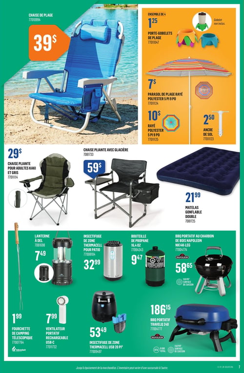Circulaire Canac - Page 7. La page présente des articles de camping et de plage. En haut, une chaise de plage bleue est offerte à 39 $. À droite, un ensemble de 4 porte-gobelets de plage est à 1,25 $ (gobelet non inclus), un parasol de plage rayé en polyester de 5 pieds 9 pouces est à 7 $, un autre parasol rayé en polyester de 5 pieds 9 pouces est à 10 $, et une ancre de sol est à 2,50 $. Au centre, une chaise pliante pour adultes kaki et grise est à 29 $, une chaise pliante avec glacière est à 59 $, et un matelas gonflable double est à 21,99 $. En bas, une lanterne à DEL est à 7,49 $, un insectifuge de zone Thermacell pour patio est à 32,99 $, une bouteille de propane de 16,4 onces est à 9,47 $, et un BBQ portatif au charbon de bois Napoleon NK14K-LEG avec une surface de cuisson de 150 pieds carrés est à 58,65 $. On trouve aussi une fourchette de camping télescopique Fahrenheit à 1,99 $, un ventilateur portatif rechargeable USB-C à 7,99 $, un insectifuge de zone Thermacell USB de 20 pieds carrés à 53,49 $, et un BBQ portatif Napoleon TravelQ 240 de 9000 BTU avec une surface de cuisson de 240 pieds carrés à 186,15 $.