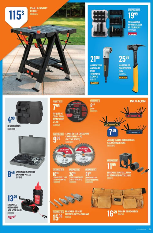 Circulaire Canac - Page 15. La page présente une variété d'outils et d'accessoires. En haut, un établi et chevalet pliable est offert à 115 $. À droite, un ensemble de 50 accessoires pour perceuse et tournevis Makita est à 19,99 $. On trouve aussi un adaptateur angulaire pour tournevis à chocs DeWalt à 21,99 $ et un marteau de charpentier 16 onces DeWalt à 25,99 $. La section inférieure, sur fond orange, propose des genouillères à 4,99 $. Des paquets de 12 disques de coupe pour rectifieuse sont disponibles : 4 ½ pouces à 7,99 $ et 5 pouces à 8,49 $. Un jeu de 25 clés hexagonales SAE/métrique/Torx Vulken est à 7,49 $. Plusieurs ensembles de 2 lames de scie circulaire Vulken sont en promotion : charpente 6 ½ pouces (24 et 40 dents) à 9,99 $, charpente 7 ¼ pouces (24 et 40 dents) à 10,99 $, tout usage 10 pouces (40 et 60 dents) à 26,99 $, et finition 12 pouces (60 et 80 dents) à 31,99 $. On voit également un ensemble de 17 scies emporte-pièces à 8,49 $, un ensemble de 4 scies d'installation de serrure bimétallique à 11,99 $, un ensemble de cordeau à tracer 100 pieds Milwaukee à 13,49 $, un ensemble de 5 scies emporte-pièce à diamant à 15,99 $, et un tablier de menuisier Vulken à 16,49 $.