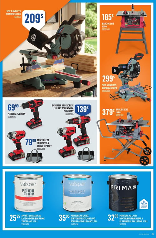 Canac - Page 16. La page présente une sélection d'outils électriques et de peintures. En haut à gauche, une scie à onglets composés King de 10 pouces est offerte à 209 $. La colonne de droite propose trois autres outils : un banc de scie King Canada de 10 pouces à 185 $, une scie à onglets composés King Canada de 12 pouces à 299 $, et un autre banc de scie King de 10 pouces à 379 $. Au centre de la page, trois outils sans fil Einhell sont affichés : une perceuse 3/8 pouce 18 V à 69,99 $, un ensemble de perceuse 1/2 pouce et tournevis à chocs 18 V à 139 $, et un ensemble de tournevis à chocs 1/4 pouce 18 V à 79,99 $. La partie inférieure de la page est dédiée à la peinture, avec trois options en format 3,78 litres : l'apprêt-scelleur au latex d'intérieur Valspar Prime Time blanc à 25,95 $, la peinture au latex d'intérieur Valspar Skylight mat pour plafonds blanc à 35,95 $, et la peinture au latex d'intérieur Prima mat à plafonds blanc ultime, fabriquée au Québec, à 32,95 $.