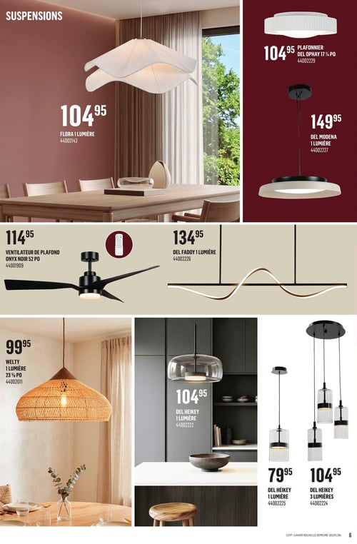 Canac - Page 6. La page est dédiée aux suspensions et luminaires. En haut à gauche, une grande suspension Flora à 1 lumière, de couleur blanche et plissée, est affichée à 104,95 $. En haut à droite, un plafonnier Del Ophay de 17 ¼ pouces, blanc et plissé, est à 104,95 $. Juste en dessous, une suspension Del Modena à 1 lumière, avec un abat-jour plat bicolore noir et crème, est à 149,95 $. Au centre gauche, un ventilateur de plafond Onyx noir de 52 pouces, avec télécommande, est proposé à 114,95 $. Au centre droit, une suspension linéaire Del Fadoy à 1 lumière, au design ondulé et moderne, est à 134,95 $. En bas à gauche, une suspension Welty à 1 lumière, de 23 ⅝ pouces, avec un abat-jour en rotin tressé, est à 99,95 $. Au centre en bas, une suspension Del Heikey à 1 lumière, avec un abat-jour en verre transparent et une base noire, est à 104,95 $. En bas à droite, deux modèles de suspensions Del Heikey sont présentés : une à 1 lumière avec un abat-jour cylindrique en verre transparent et une bande noire à 79,95 $, et un ensemble de 3 suspensions similaires à 104,95 $.