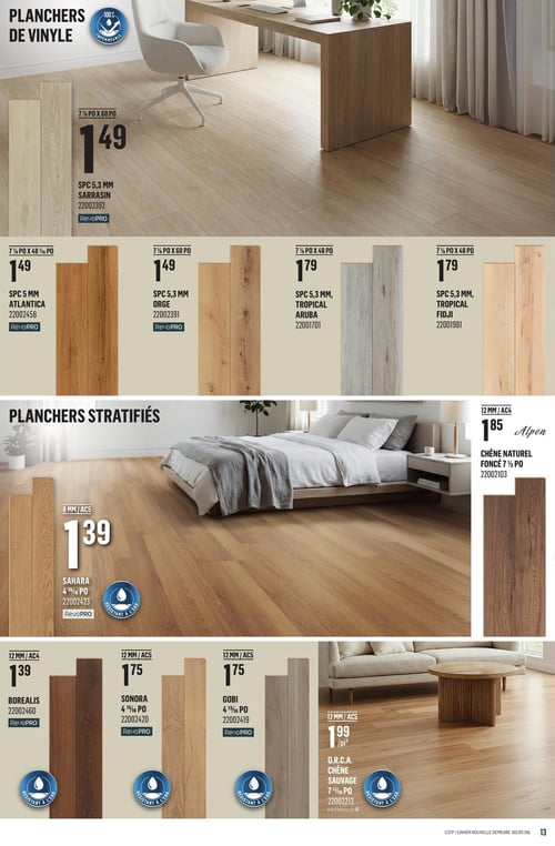 Canac - Page 13. La page présente une sélection de planchers de vinyle et de planchers stratifiés. La section "Planchers de vinyle" met en vedette des produits 100 % imperméables. Le plancher SPC de 5,3 millimètres Sarrasin, mesurant 7 ⅛ pouces par 60 pouces, est offert à 1,49 $ le pied carré. C'est un produit RevoPRO. D'autres options de planchers de vinyle RevoPRO sont disponibles à 1,49 $ le pied carré : le SPC de 5 millimètres Atlantica (7 ⅛ pouces par 48 ⅙ pouces) et le SPC de 5,3 millimètres Orge (7 ⅛ pouces par 60 pouces). Deux autres planchers de vinyle RevoPRO sont à 1,79 $ le pied carré : le SPC de 5,3 millimètres Tropical Aruba (7 ⅛ pouces par 48 pouces) et le SPC de 5,3 millimètres Tropical Fidji (7 ⅛ pouces par 48 pouces). La section "Planchers stratifiés" propose des produits résistants à l'eau. Le plancher stratifié Sahara de 8 millimètres / AC5, mesurant 4 15/16 pouces, est à 1,39 $ le pied carré. C'est un produit RevoPRO. Le plancher stratifié Alpen Chêne Naturel Foncé de 12 millimètres / AC4, mesurant 7 ½ pouces, est à 1,85 $ le pied carré. Trois autres planchers stratifiés RevoPRO de 12 millimètres sont offerts à différents prix : le Borealis AC4 à 1,39 $ le pied carré, le Sonora AC5 (4 15/16 pouces) à 1,75 $ le pied carré, et le Gobi AC5 (4 15/16 pouces) à 1,75 $ le pied carré. Enfin, le plancher stratifié O.R.C.A. Chêne Sauvage de 12 millimètres / AC5, mesurant 7 1/16 pouces, est à 1,99 $ le pied carré. C'est un produit Kronoclic.