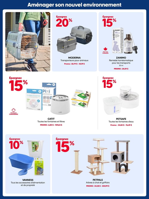Circulaire Mondou - Page 13. La page est intitulée "Aménager son nouvel environnement". Une grande image en haut à gauche montre une personne transportant un chat roux dans une cage de transport grise. Les offres incluent : Économisez 20 % sur les transporteurs pour animaux Moderna, offerts entre 32,79 $ et 43,19 $. Économisez 15 % sur le remède homéopathique Zanimo pour les transports, format 30 ml, à 20,39 $. Ce produit est "Fait au Canada". Économisez 15 % sur toutes les fontaines et filtres Catit, avec des prix variant de 6,80 $ à 109,64 $. C'est une "Marque Canadienne". Économisez 15 % sur toutes les fontaines d'eau Petsafe, disponibles entre 34,84 $ et 76,49 $. Économisez 10 % sur tous les accessoires d'alimentation et de propreté Vanness, incluant des bacs à litière, des contenants de nourriture et des pelles. Économisez 15 % sur les arbres à chat et griffoirs Petpals, avec des prix allant de 34,38 $ à 203,99 $.