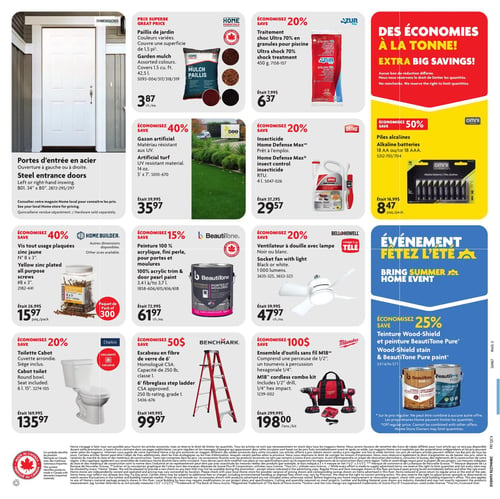 Circulaire Home Hardware - Page 2. La page présente plusieurs offres pour la maison et le jardin. En haut à gauche, des portes d'entrée en acier blanches, à ouverture gauche ou droite, de 34" x 80". À côté, du paillis de jardin de couleurs variées, couvrant 1,5 pied cube, à 3,87 $ l'unité. Un traitement choc Ultra 70% en granules pour piscine Azur de 450 g est offert à 6,37 $, économisez 20 %. Une grande bannière rouge annonce "Des économies à la tonne!". Des piles alcalines Omni Max, 18 AA ou 18 AAA, sont à 8,47 $ le paquet, économisez 50 %. Au centre, du gazon artificiel résistant aux UV, 5' x 7', est à 35,97 $, économisez 40 %. Un insecticide Home Defense Max Ortho de 4 L est à 29,57 $, économisez 20 %. Des vis tout usage plaquées zinc jaune #8 x 3", en paquet de 300, sont à 15,97 $, économisez 40 %. De la peinture 100 % acrylique fini perle BeautiTone pour portes et moulures, 3,4 L à 3,7 L, est à 61,97 $ l'unité, économisez 15 %. Un ventilateur à douille avec lampe Bell+Howell, noir ou blanc, 1000 lumens, est à 47,97 $ l'unité, économisez 20 %. Une grande bannière bleue annonce l'"Événement Fêtez l'été". Une teinture Wood-Shield et peinture BeautiTone Pure, 3,4 L à 3,7 L, est offerte avec 25 % de rabais. En bas à gauche, une toilette Cabot avec cuvette arrondie et siège inclus, 6 L, 15", est à 135,97 $, économisez 20 %. Un escabeau en fibre de verre Benchmark de 6', homologué CSA, capacité de 250 livres, est à 99,97 $, économisez 50 $. Enfin, un ensemble d'outils sans fil Milwaukee M18, incluant une perceuse de 1/2" et un tournevis à percussion hexagonale de 1/4", est à 198,00 $ l'ensemble, économisez 100 $.