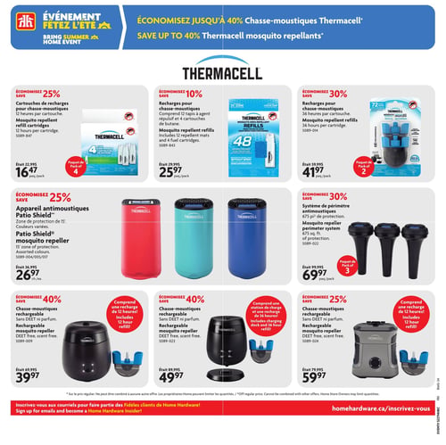 Circulaire Home Hardware - Page 8. La page met en vedette l'événement "Fêtez l'été" avec des économies allant jusqu'à 40 % sur les chasse-moustiques Thermacell. La première rangée présente des recharges : des cartouches de 12 heures par cartouche, paquet de 4, à 16,47 $ (anciennement 22,99 $), économisez 25 %; des recharges comprenant 12 tapis répulsifs et 4 cartouches de butane à 25,97 $ (anciennement 29,99 $), économisez 10 %; et des recharges de 36 heures par cartouche, paquet de 2, à 41,97 $ (anciennement 59,99 $), économisez 30 %. La deuxième rangée offre des appareils : l'appareil antimoustiques Patio Shield, zone de protection de 15 pieds, couleurs variées, à 26,97 $ l'unité (anciennement 36,99 $), économisez 25 %; et un système de périmètre antimoustiques de 675 pieds carrés de protection, paquet de 3, à 69,97 $ (anciennement 99,99 $), économisez 30 %. La troisième rangée propose des chasse-moustiques rechargeables sans DEET ni parfum : un modèle comprenant une recharge de 12 heures à 39,97 $ (anciennement 69,99 $), économisez 40 %; un autre modèle comprenant une station de charge et une recharge de 36 heures à 49,97 $ (anciennement 89,99 $), économisez 40 %; et un dernier modèle comprenant une recharge de 12 heures à 59,97 $ (anciennement 79,99 $), économisez 25 %.