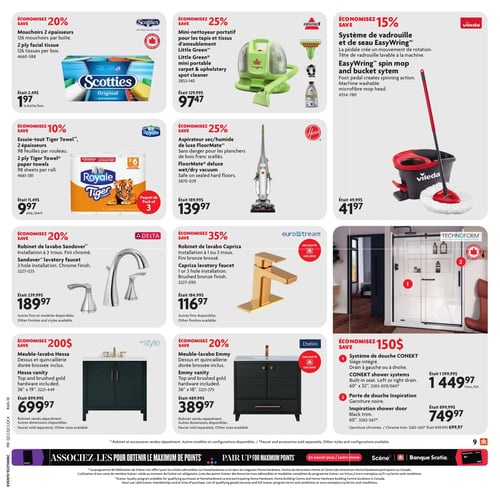 Circulaire Home Hardware - Page 13. La page présente des offres sur des produits pour la maison et la salle de bain. En haut, on trouve les mouchoirs Scotties 2 épaisseurs, 126 mouchoirs par boîte, à 1,97 $ la boîte (20 % de rabais). Le mini-nettoyeur portable Bissell Little Green pour tapis et tissus d'ameublement est à 97,47 $ (25 % de rabais). Le système de vadrouille et seau Vileda EasyWring, avec tête lavable à la machine, est à 41,97 $ (15 % de rabais). Au centre, l'essuie-tout Royale Tiger Towel 2 épaisseurs, 98 feuilles par rouleau, paquet de 3, est à 9,97 $ le paquet (10 % de rabais). L'aspirateur sec/humide de luxe Hoover FloorMate pour planchers de bois franc scellés est à 139,97 $ (25 % de rabais). Le robinet de lavabo Delta Sandover, installation à 3 trous, fini chromé, est à 189,97 $ (20 % de rabais). Le robinet de lavabo Eurostream Caprizia, installation à 1 ou 3 trous, fini bronze brossé, est à 116,97 $ (35 % de rabais). En bas, le meuble-lavabo InStyle Hessa avec dessus et quincaillerie dorée brossée inclus, 36 x 19 pouces, est à 699,97 $ (200 $ de rabais). Le meuble-lavabo Chelini Emmy avec dessus et quincaillerie dorée brossée inclus, 36 x 18 pouces, est à 389,97 $ (20 % de rabais). Enfin, un ensemble pour la salle de bain inclut le système de douche CONEKT avec siège intégré, drain à gauche ou à droite, à 1 449,97 $ le kit, et la porte de douche Inspiration garniture noire de 60 pouces à 749,97 $. Économisez 150 $ sur l'ensemble.