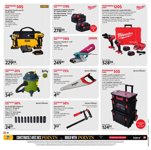 Circulaire Home Hardware - Page 14. La page présente une sélection d'outils et d'accessoires. En haut à gauche, un ensemble d'outils sans fil DeWalt 20 V MAX, incluant une perceuse-visseuse 1/2" et un tournevis à percussion 1/4", est à 229,00 $ (économisez 50 $). À côté, un paquet de 2 batteries Milwaukee REDLITHIUM XC5.0 18 V à capacité étendue est offert à 278,00 $ (économisez 170 $). Un ensemble combiné de 2 outils Milwaukee M18 FUEL, comprenant une perceuse-visseuse à percussion 1/2", un tournevis à percussion hexagonale 1/4", 2 batteries 5,0 Ah, un chargeur et un étui, est à 528,00 $ (économisez 120 $). Au centre, une ponceuse à bande Makita 3 po x 24 po est à 249,97 $ (économisez 110 $). En bas à gauche, un aspirateur sec/humide Radley de 15 litres avec un moteur de 5,5 HP est à 54,67 $ (économisez 25 %). Une égoïne Benchmark de 14 po avec lame en acier à haute teneur en carbone est à 4,97 $ (économisez 75 %). Un coffre à outils modulaire 3-en-1 Benchmark, classifié IP65, est à 124,97 $ (économisez 55 $). Enfin, un jeu de 10 douilles longues à prise 1/2" Benchmark (métriques ou SAE) est à 24,97 $ (économisez 50 $), et un serre-joint en F Benchmark de 8 po avec mâchoires en fonte malléable est à 7,97 $ (économisez 50 %). La page promeut également le programme "Construisez avec des points".