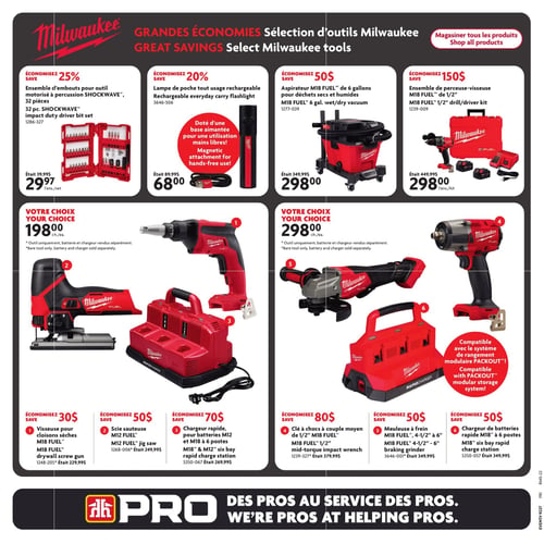 Circulaire Home Hardware - Page 24. La page présente de grandes économies sur une sélection d'outils Milwaukee. En haut, un ensemble d'embouts pour outil motorisé à percussion SHOCKWAVE de 32 pièces est à 29,97 $ (était 39,99 $), une lampe de poche tout usage rechargeable avec base aimantée est à 68,00 $ (était 89,99 $), un aspirateur M18 FUEL de 6 gallons pour déchets secs et humides est à 298,00 $ (était 349,99 $), et un ensemble de perceuse-visseuse M18 FUEL de 1/2 pouce est à 298,00 $ (était 449,99 $). La section centrale propose des outils "Votre Choix". Pour 198,00 $ l'unité (outil seulement, batterie et chargeur vendus séparément), on trouve une visseuse pour cloisons sèches M18 FUEL (économisez 30 $, était 229,99 $), une scie sauteuse M12 FUEL (économisez 50 $, était 249,99 $), et un chargeur rapide pour batteries M12 et M18 à 6 postes (économisez 70 $, était 269,99 $). Pour 298,00 $ l'unité (outil seulement, batterie et chargeur vendus séparément), sont offerts une clé à chocs à couple moyen de 1/2 pouce M18 FUEL (économisez 80 $, était 379,99 $), une meuleuse à frein M18 FUEL de 4-1/2 à 6 pouces (économisez 50 $, était 349,99 $), et un chargeur de batteries rapide M18 à 6 postes (économisez 50 $, était 349,99 $). Certains de ces articles sont compatibles avec le système de rangement modulaire PACKOUT. Un bandeau en bas de page indique "Des pros au service des pros.".