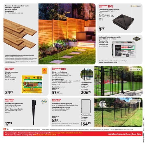 Circulaire Home Hardware - Page 26. La page présente des produits pour l'aménagement extérieur et les clôtures. En haut à gauche, des planches de clôture en bois traité de qualité supérieure, de 1 po x 6 po x 6 pi, dont le prix est à consulter en magasin. En haut à droite, économisez 10 % sur un capuchon de poteau en acier noir de 5-1/2 po x 5-1/2 po, passant de 4,29 $ à 3,77 $. Juste en dessous, un mélange à béton à prise rapide de 30 kg pour clôtures et poteaux, dont le prix est aussi à consulter en magasin. Au centre gauche, une mousse expansive PostFix de 976 ml est offerte à 24,99 $. Au centre droit, économisez 10 % sur la clôture en fer Legacy avec fini appliqué par poudrage, sections préassemblées de 6 pi x 5 pi, à partir de 57,59 $ le pied linéaire. Une porte de clôture assortie de 48-1/4 po x 60 po est disponible pour 206,97 $, au lieu de 229,99 $. En bas à gauche, un piquet d'ancrage robuste pour poteaux de 4 po x 4 po est à 17,99 $. Enfin, en bas à droite, un système de clôture grillagée en acier noir avec fini appliqué par poudrage est offert à partir de 8,88 $ le pied linéaire, avec une porte de clôture de 42 po x 60 po à 164,99 $.