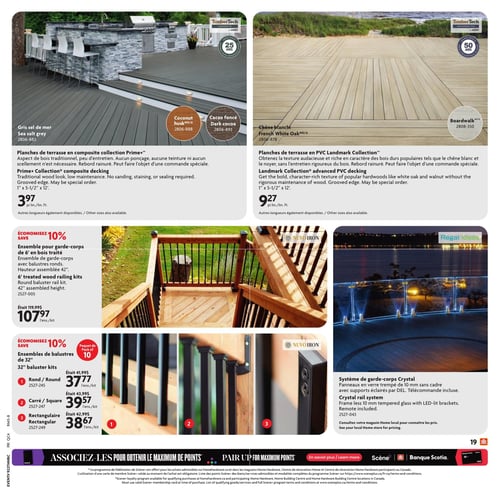 Circulaire Home Hardware - Page 27. La page présente des matériaux de terrasse et de garde-corps. En haut à gauche, les planches de terrasse en composite collection Prime+ sont offertes en gris sel de mer, coconut husk et cacao foncé, à 3,97 $ le pied linéaire. Elles ont un aspect de bois traditionnel, peu d'entretien et une garantie de 25 ans. En haut à droite, les planches de terrasse en PVC Landmark Collection sont disponibles en chêne blanchi et boardwalk, à 9,27 $ le pied linéaire. Elles offrent une texture audacieuse de bois dur et une garantie de 50 ans. Au centre gauche, un ensemble pour garde-corps de 6 pieds en bois traité avec balustres ronds, d'une hauteur assemblée de 42 pouces, est à 107,97 $ l'ensemble, une économie de 10 % sur le prix de 119,95 $. En bas à gauche, des ensembles de balustres de 32 pouces sont également à 10 % de rabais, en paquet de 10. Les balustres ronds sont à 37,77 $ l'ensemble (au lieu de 41,99 $), les carrés à 39,57 $ l'ensemble (au lieu de 43,99 $) et les rectangulaires à 38,67 $ l'ensemble (au lieu de 42,99 $). À droite, un système de garde-corps Crystal est présenté, avec des panneaux en verre trempé de 10 mm sans cadre, des supports éclairés par DEL et une télécommande incluse. Les prix sont disponibles en magasin. Une bannière en bas de page encourage à associer les achats pour obtenir le maximum de points Scène+.