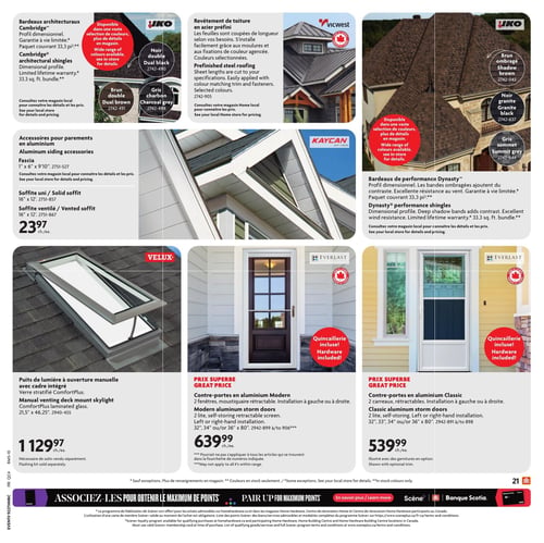 Circulaire Home Hardware - Page 29. La page présente des matériaux de toiture et des portes. En haut à gauche, des bardeaux architecturaux Cambridge IKO sont offerts en noir double, brun double et gris charbon, couvrant 33,3 pi² par paquet. Au centre, un revêtement de toiture en acier préfini Vicwest est disponible en couleurs sélectionnées. À droite, des bardeaux de performance Dynasty IKO sont présentés en brun ombragé, noir granite et gris sommet, couvrant également 33,3 pi² par paquet. Au centre de la page, des accessoires pour parements en aluminium Kaycan incluent des fascias de 1" x 6" x 9'10", ainsi que des soffites unis et ventilés de 16" x 12" à 23,97 $ chacun. En bas à gauche, un puits de lumière à ouverture manuelle Velux avec cadre intégré et verre stratifié ComfortPlus, mesurant 21,5" x 46,25", est vendu à 1 129,97 $ chacun (le nécessaire de solin est vendu séparément). Au centre en bas, des contre-portes en aluminium Modern Everlast avec 2 fenêtres et moustiquaire rétractable, installables à gauche ou à droite, sont disponibles en dimensions de 32", 34" ou 36" x 80" à 639,99 $ chacun, quincaillerie incluse. À droite en bas, des contre-portes en aluminium Classic Everlast avec 2 carreaux rétractables, installables à gauche ou à droite, sont offertes en dimensions de 32", 33", 34" ou 36" x 80" à 539,99 $ chacun, quincaillerie incluse. Le modèle Classic est illustré avec des garnitures en option.
