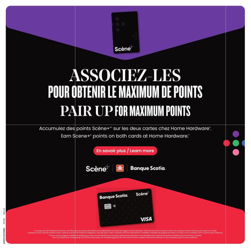 Home Hardware - Page 33. Cette page présente une publicité pour le programme de fidélisation Scene+. Le titre principal est "ASSOCIEZ-LES POUR OBTENIR LE MAXIMUM DE POINTS". Une carte Scene+ noire est affichée en haut, et une carte Visa Scene+ de la Banque Scotia est montrée en bas. Le texte indique d'accumuler des points Scene+ sur les deux cartes chez Home Hardware. Un bouton rouge "En savoir plus" est visible. Les logos de Scene+, Home Hardware et Banque Scotia sont également présents.