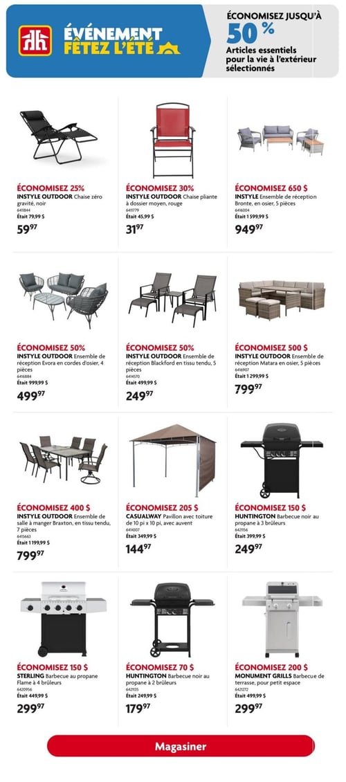 Circulaire Home Hardware - Page 34. La page est intitulée "Événement Fêtez l'été" et annonce des économies allant jusqu'à 50 % sur des articles essentiels pour la vie à l'extérieur. On y trouve 12 produits d'extérieur. De gauche à droite, première rangée : une chaise zéro gravité Instyle Outdoor noire, économisez 25 %, maintenant 59,97 $ (était 79,99 $); une chaise pliante Instyle Outdoor à dossier moyen rouge, économisez 30 %, maintenant 31,97 $ (était 45,99 $); un ensemble de réception Instyle Bronte en osier de 5 pièces, économisez 650 $, maintenant 949,97 $ (était 1 599,99 $). Deuxième rangée : un ensemble de réception Instyle Outdoor Evora en cordes d'osier de 4 pièces, économisez 50 %, maintenant 499,97 $ (était 999,99 $); un ensemble de réception Instyle Outdoor Blackford en tissu tendu de 5 pièces, économisez 50 %, maintenant 249,97 $ (était 499,99 $); un ensemble de réception Instyle Outdoor Matara en osier de 5 pièces, économisez 500 $, maintenant 799,97 $ (était 1 299,99 $). Troisième rangée : un ensemble de salle à manger Instyle Outdoor Braxton en tissu tendu de 7 pièces, économisez 400 $, maintenant 799,97 $ (était 1 199,99 $); un pavillon Casualway avec toiture de 10 pieds x 10 pieds avec auvent, économisez 205 $, maintenant 144,97 $ (était 349,99 $); un barbecue Huntington noir au propane à 3 brûleurs, économisez 150 $, maintenant 249,97 $ (était 399,99 $). Quatrième rangée : un barbecue Sterling au propane Flame à 4 brûleurs, économisez 150 $, maintenant 299,97 $ (était 449,99 $); un barbecue Huntington noir au propane à 2 brûleurs, économisez 70 $, maintenant 179,97 $ (était 249,99 $); un barbecue Monument Grills de terrasse pour petit espace, économisez 200 $, maintenant 299,97 $ (était 499,99 $). Un bouton rouge en bas de page indique "Magasiner".