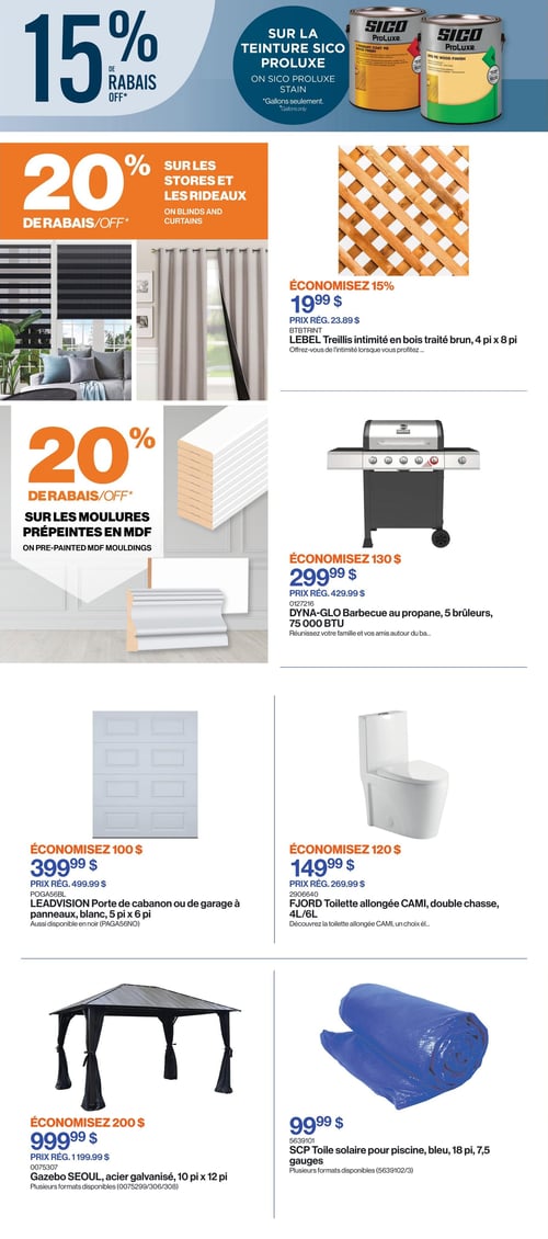 Circulaire Patrick Morin - Page 2. La page présente plusieurs offres pour la maison et le jardin. En haut à gauche, 15 % de rabais sur la teinture Sico Proluxe (gallons seulement). À droite, un treillis intimité en bois traité brun Lebel, de 4 pi x 8 pi, est offert à 19,99 $ (prix régulier 23,89 $), permettant d'économiser 15 %. Au centre gauche, 20 % de rabais sur les stores et les rideaux, et juste en dessous, 20 % de rabais sur les moulures prépeintes en MDF. Au centre droit, un barbecue au propane Dyna-Glo à 5 brûleurs et 75 000 BTU est à 299,99 $ (prix régulier 429,99 $), économisez 130 $. En bas à gauche, une porte de cabanon ou de garage Leadvision à panneaux, blanche, de 5 pi x 6 pi, est à 399,99 $ (prix régulier 499,99 $), économisez 100 $. Elle est aussi disponible en noir. À droite, une toilette allongée Fjord CAMI à double chasse (4L/6L) est à 149,99 $ (prix régulier 269,99 $), économisez 120 $. En bas à gauche, un gazebo Seoul en acier galvanisé, de 10 pi x 12 pi, est à 999,99 $ (prix régulier 1199,99 $), économisez 200 $. Plusieurs formats sont disponibles. Enfin, en bas à droite, une toile solaire pour piscine SCP, bleue, de 18 pi et 7,5 gauges, est à 99,99 $. Plusieurs formats sont également disponibles.