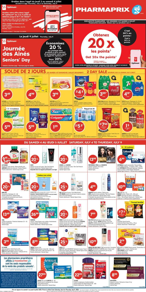 Pharmaprix - Page 1. Cette page présente une "Solde de 2 jours" valide les samedi 4 et dimanche 5 juillet seulement.

Les offres incluent :
- Lait au chocolat Nutrilait de 1 litre à 1,99 $. Limite de 4, 2,29 $ par article supplémentaire.
- Boisson protéinée au chocolat Neilson, paquet de 12 x 325 ml, à 19,99 $ plus taxes. Limite de 4, 21,99 $ par article supplémentaire.
- Pizza surgelée Dr. Oetker Ristorante ou Casa di Mama à 3,99 $. Limite de 4, 4,49 $ par article supplémentaire.
- Beurre d'arachide Sans Nom (1 kg), PC Biologique (500 g) ou Menu Bleu (750 g) à 3,99 $. Limite de 4, 4,99 $ par article supplémentaire, et 4,99 $ le reste de la semaine.
- Boisson énergisante Red Bull (paquet de 4 x 250 ml) ou Monster (paquet de 4 x 473 ml) à 8,49 $ plus taxes. Limite de 4, 8,99 $ par article supplémentaire, et 8,99 $ le reste de la semaine.
- Repas surgelés PC, comme la lasagne ou le macaroni au fromage, à 9,49 $. Limite de 4, 9,99 $ par article supplémentaire.
- Sucre granulé Lantic (2 kg), cassonade brillante ou sucre à glacer (1 kg) à 2,99 $. Limite de 4, 3,49 $ par article supplémentaire, et 3,49 $ le reste de la semaine.

Toutes les offres sont disponibles dans les magasins participants seulement.