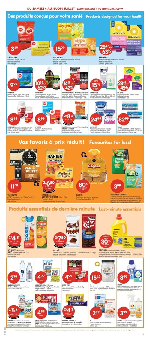 Circulaire Pharmaprix - Page 14. La page est divisée en trois sections thématiques. La première, "Des produits conçus pour votre santé", présente: des pastilles ou lozenges Life Brand (16-30) à 3,49 $; des produits de vitamine C Emergen-C à 15,99 $; des produits probiotiques Renew Life à 25,49 $ ou 63,99 $; un onguent à effet de vapeur pour le rhume Life Brand (115 ml) à 9,99 $; des vitamines ou produits de santé naturels Nature's Way à 10,99 $ ou 62,99 $; des produits de régime amaigrissant ou de gestion du poids Hydroxycut, Purely Inspired ou Six Star à 14,49 $ ou 42,99 $; des lingettes féminines ou nettoyant Summer's Eve (266 ml - 444 ml) avec jusqu'à 15 % de rabais; des produits probiotiques Culturelle à 28,49 $ ou 45,49 $; des comprimés de caféine Life Brand (50 ou 100) à 8,99 $; des compresses chaudes ou froides Life Brand (6) à 8,99 $; des croustilles protéinées ou barres protéinées Quest ou Grenade (32 g ou 60 g) à 2 pour 8 $ (ou 4,49 $ ch. + taxes); une préparation pour nourrissons en poudre Bon Départ (340 g - 359 g) à 24,99 $; et une préparation pour nourrissons Similac (16 x 235 ml) à 82,99 $. La deuxième section, "Vos favoris à prix réduit!", propose: des dosettes de café Van Houtte (12) à 11,49 $; des friandises Haribo (175 g) ou Werther's Original (60 g - 150 g) à 2 pour 6,50 $ (ou 3,79 $ ch. + taxes); des petits pains à hamburger au sésame Gadoua (8) avec 80 ¢ de rabais; et des galettes de pomme de terre ou frites Les Fermes Cavendish (600 g ou 750 g) à 3,99 $. La troisième section, "Produits essentiels de dernière minute", inclut: du nectar ou des boissons Oasis (1 L) à 2 pour 4 $ (ou 2,29 $ ch. + taxes); des barres de chocolat Nestlé Aero ou Kit Kat (95 g - 105 g) à 2 pour 7,50 $ (ou 3,99 $ ch. + taxes); de l'eau de Javel Sans Nom (1,27 L), de l'assouplissant en feuilles (80) ou du détergent à lessive liquide (1,92 L - 2,03 L) avec jusqu'à 30 % de rabais; de l'eau de source naturelle Smartwater ou Evian (1 L) à 2,79 $; des grignotines G.H. Cretors (184 g) ou Skinny Pop (125 g) à 4,99 $ (+ taxes); une barre de chocolat Ritter Sport (100 g) à 4,99 $ (+ taxes); de l'huile de noix de coco PC (850 ml) à 15,49 $; du détergent à lessive Tru Earth (16) ou des rehausseurs de parfum Lysol (200 g) à 8,99 $; une boisson biologique à la noix de coco Vita Coco (1 L) ou une boisson Nature's Own (845 ml) à 2 pour 5 $ (ou 2,99 $ ch. + taxes); des craquelins Premium Plus (454 g) ou des barres collation Clif Bar (5) à 4,99 $; des barres de chocolat individuelles sélectionnées à 2 pour 4 $ (ou 2,29 $ ch. + taxes); du gruau instantané PC (8) à 2,99 $; et du savon à vaisselle ou des produits de nettoyage Eco-Max (740 ml ou 800 ml) à 3,99 $.