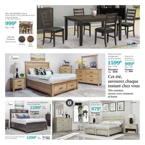 Circulaire Meubles Jacob - Page 3. La page présente plusieurs ensembles de meubles pour la maison. En haut, un ensemble de salle à manger 5 pièces Monarch en bois foncé, incluant une table et quatre chaises, est offert à 999 $ (régulier 1199 $). La table mesure 40 x 60 x 78 pouces avec une rallonge de 18 pouces et est disponible en gris foncé ou brun antique. Au centre, une collection de chambre à coucher 3 Concepts en bois clair est illustrée. Le grand lit avec rangement est à 1599 $ (régulier 1919 $, économie de 320 $), et le grand lit à panneaux est à 999 $ (régulier 1159 $, économie de 160 $). Un message promotionnel invite à "Cet été, savourez chaque instant chez vous". En bas à gauche, un ensemble de chambre 3 Concepts en bois foncé présente un grand lit avec rangement à 2299 $ (régulier 2699 $, économie de 400 $). Un grand lit avec tête de lit rembourrée est également disponible à 1299 $ (régulier 1499 $, économie de 200 $), bien qu'il ne soit pas illustré. En bas à droite, un ensemble de chambre Mea, fabriqué au Québec, en finition grisaille, propose un grand lit à 879 $ (régulier 1099 $, économie de 220 $).
